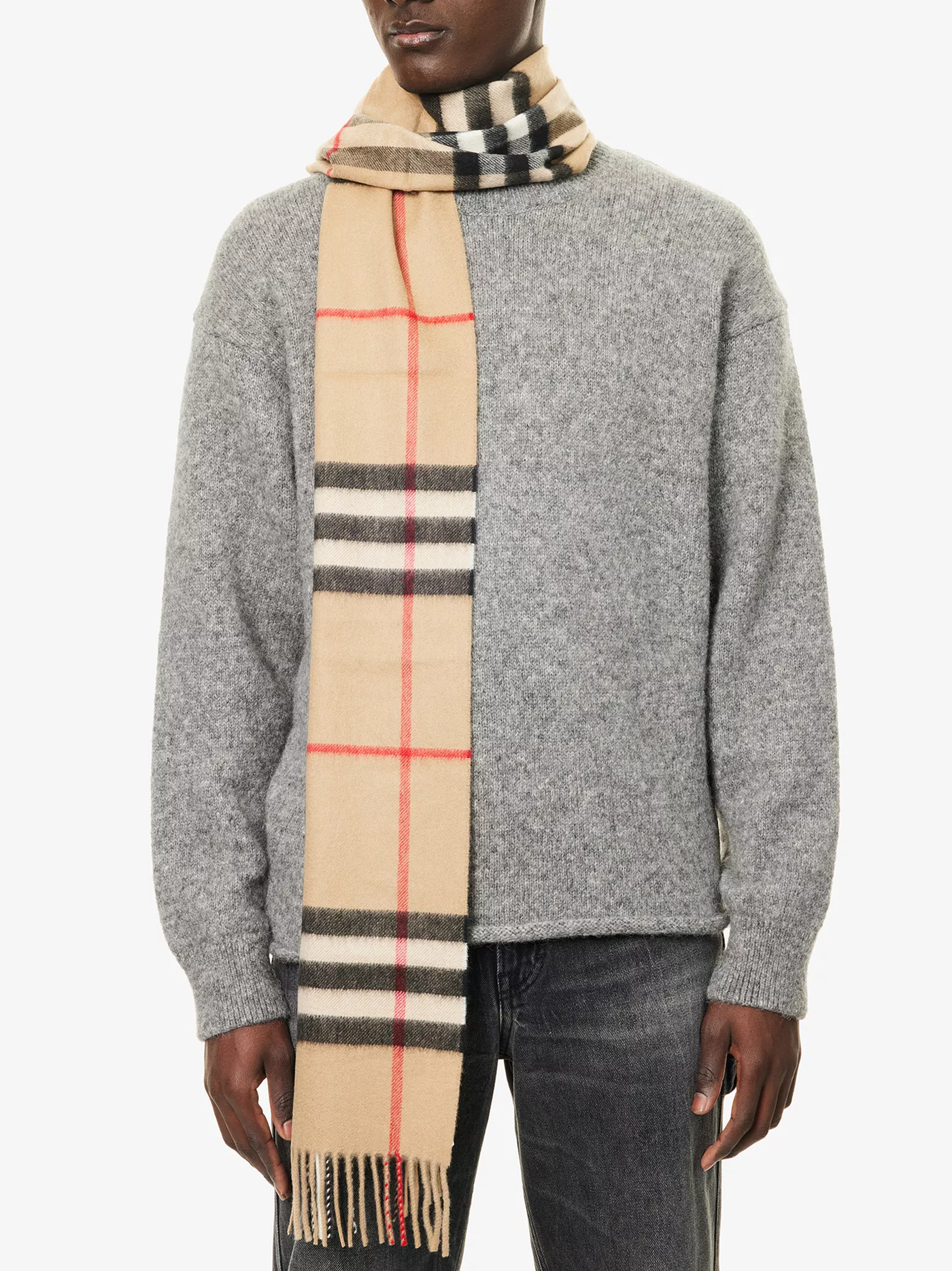 Burberry Giant Check Fringed Cashmere Scarf in Beige