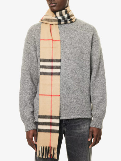 Burberry Giant Check Fringed Cashmere Scarf in Beige