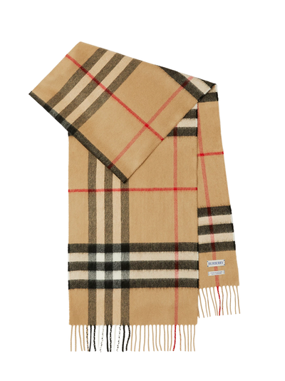 Burberry Giant Check Fringed Cashmere Scarf in Beige