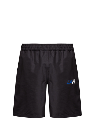 Off-White – Schwarze Badeshorts mit „Exact Opposite Surfer“-Print