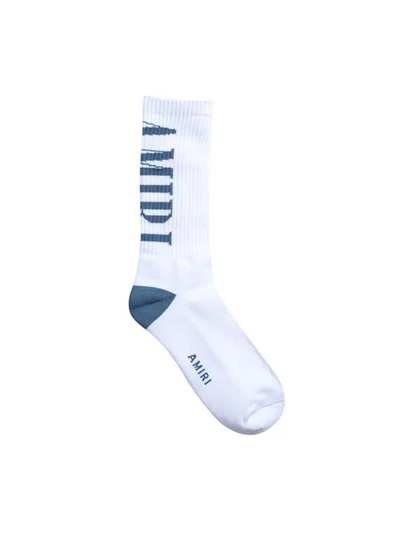 Amiri Vertical Logo Socks in White/Dusty Blue