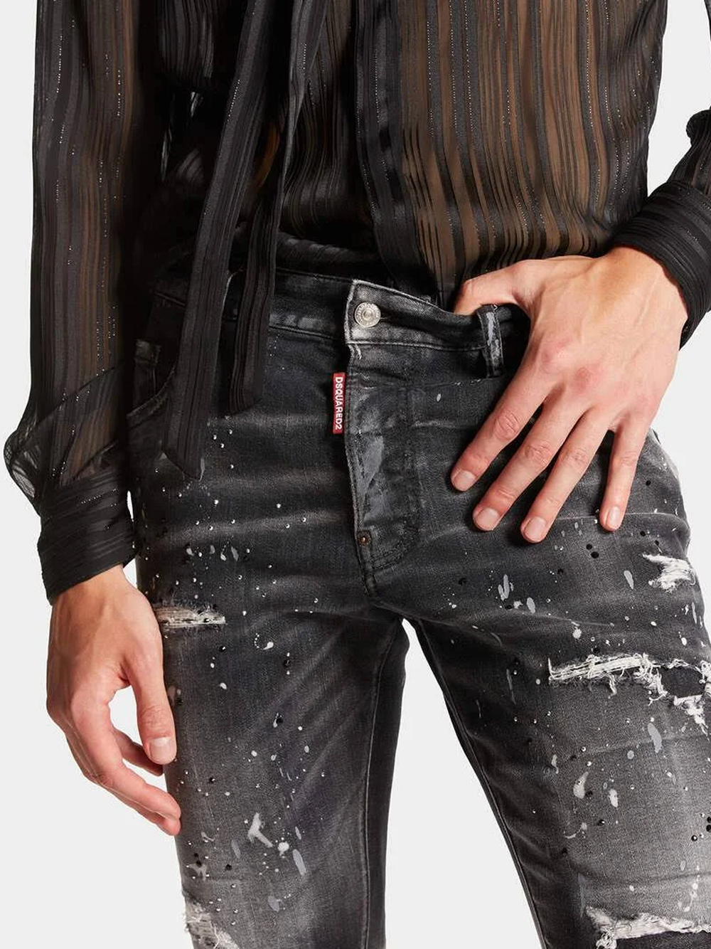Dsquared2 Paint Splatter Rhinestone Black Wash Skater Jeans