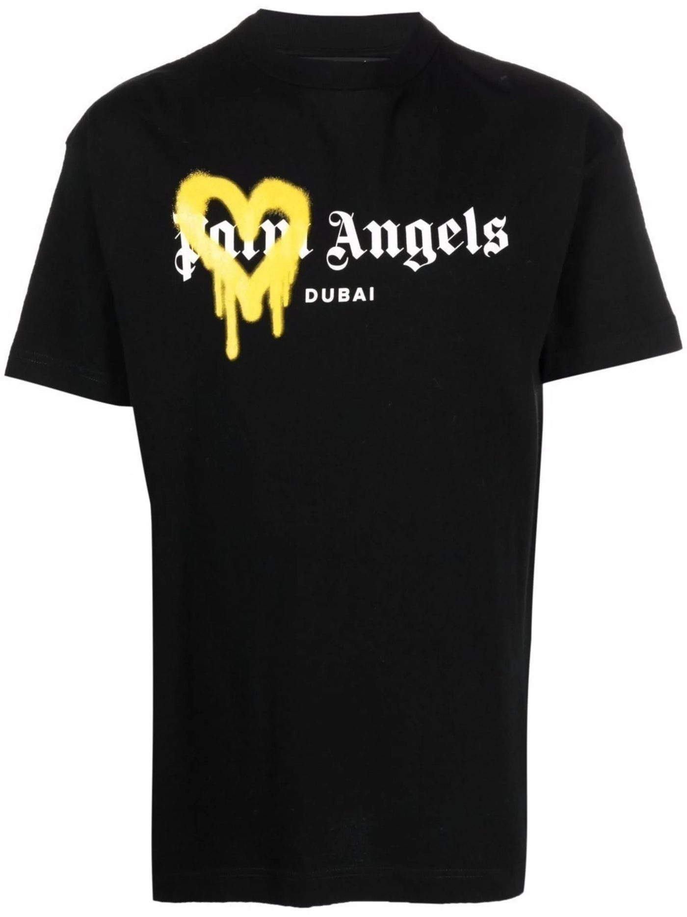 Palm Angels – Gelb besprühtes T-Shirt „Dubai Heart“ in Schwarz