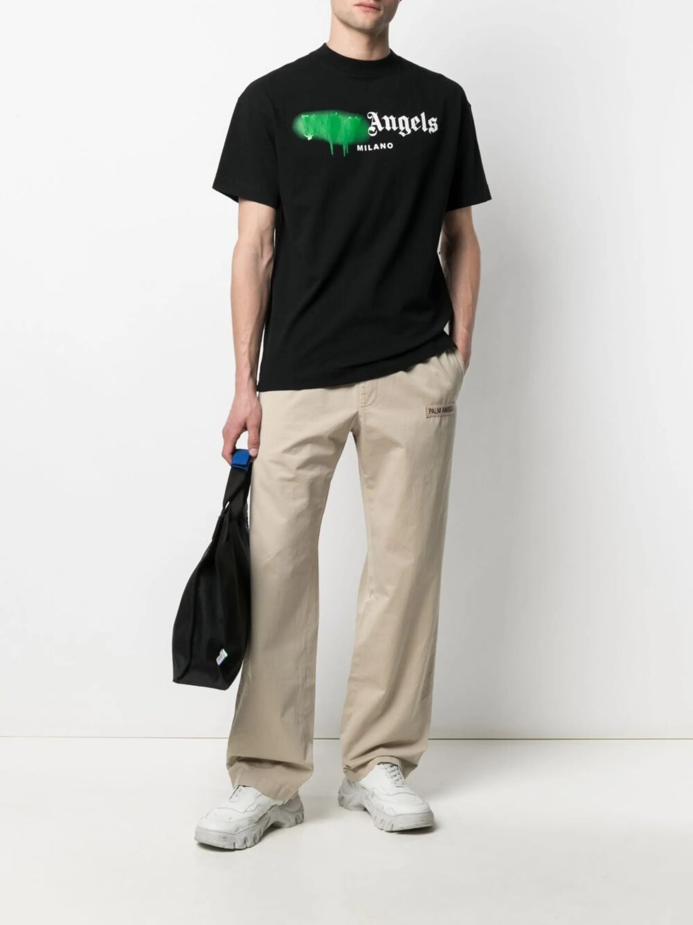 Palm Angels Green Sprayed Milano Printed T-Shirt in Black