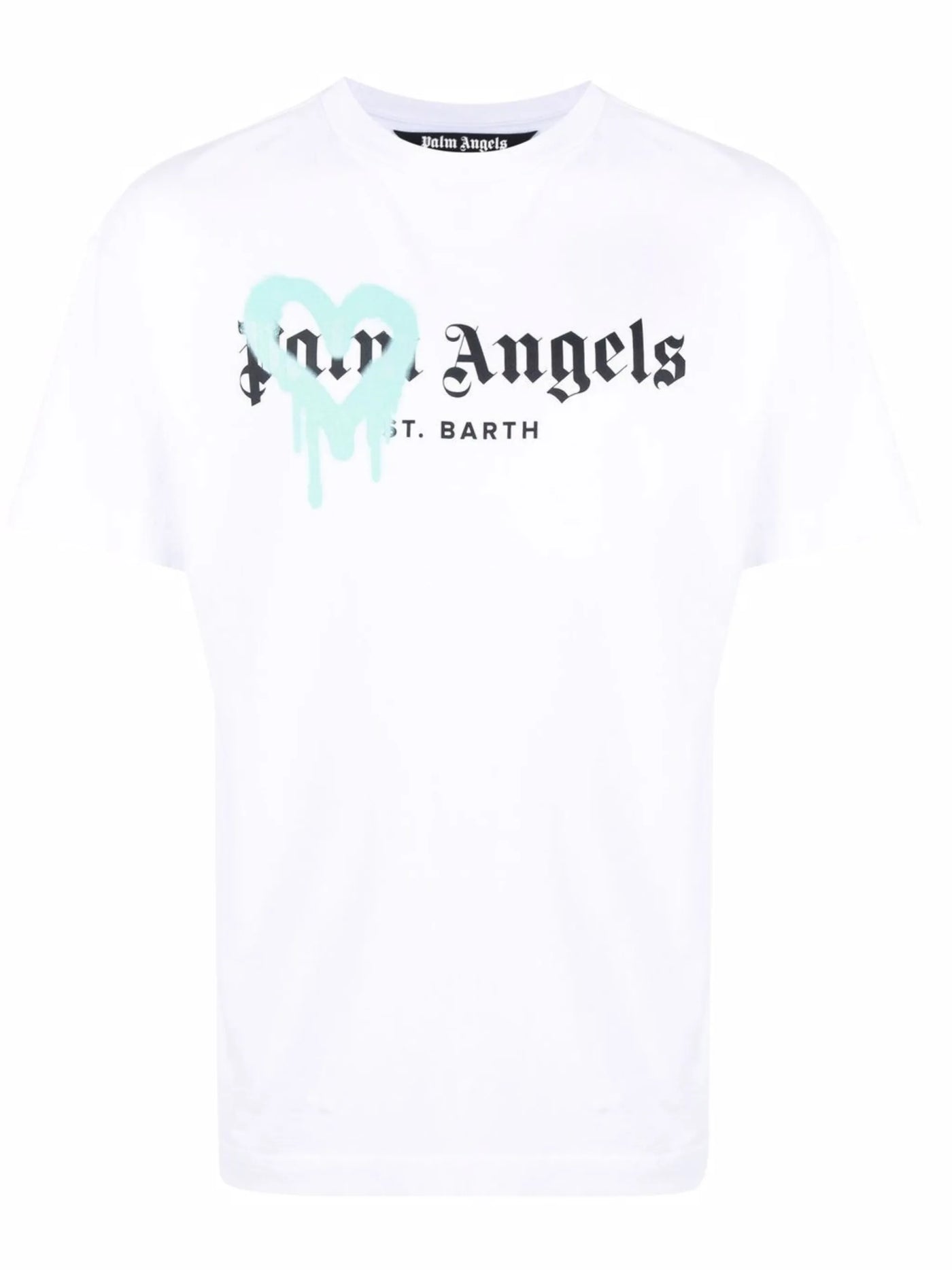 Palm Angels – Saint Barth – Weißes T-Shirt mit blauem Herz-Sprühdruck