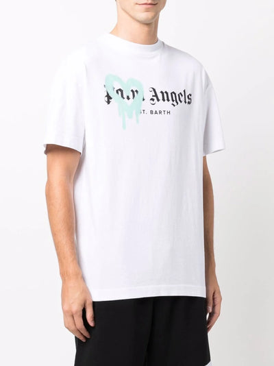 Palm Angels – Saint Barth – Weißes T-Shirt mit blauem Herz-Sprühdruck