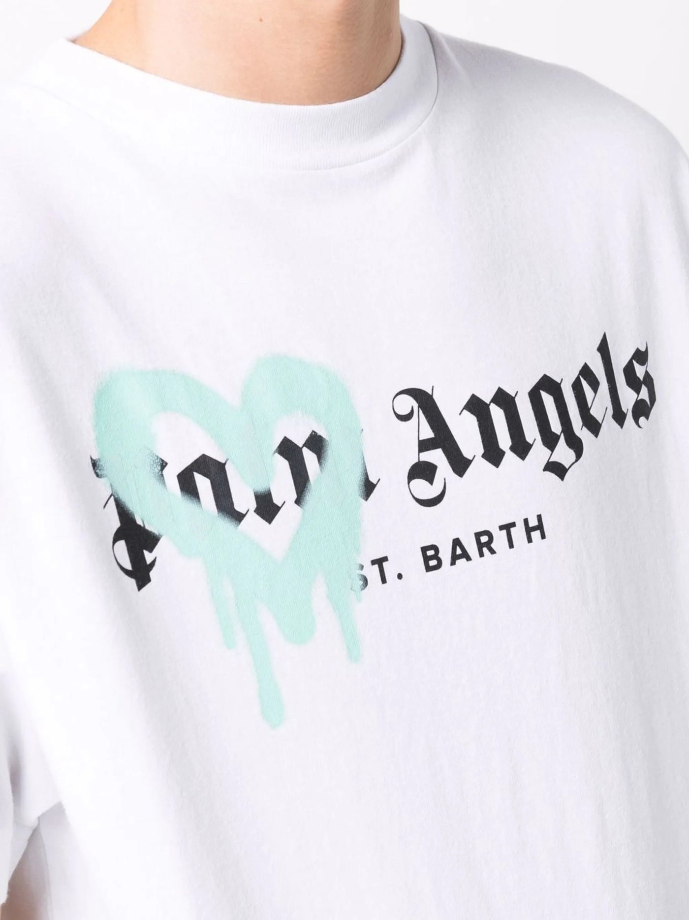 Palm Angels – Saint Barth – Weißes T-Shirt mit blauem Herz-Sprühdruck