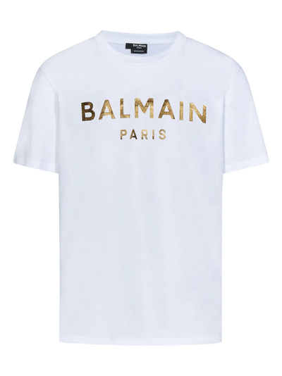 Balmain Gold Logo Printed T-Shirt in White