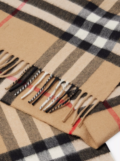 Burberry Giant Check Fringed Cashmere Scarf in Beige