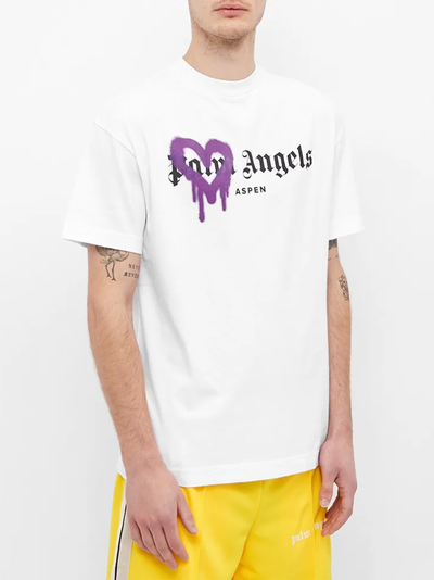 Palm Angels – Weißes T-Shirt mit „Purple Heart Sprayed Aspen“-Aufdruck