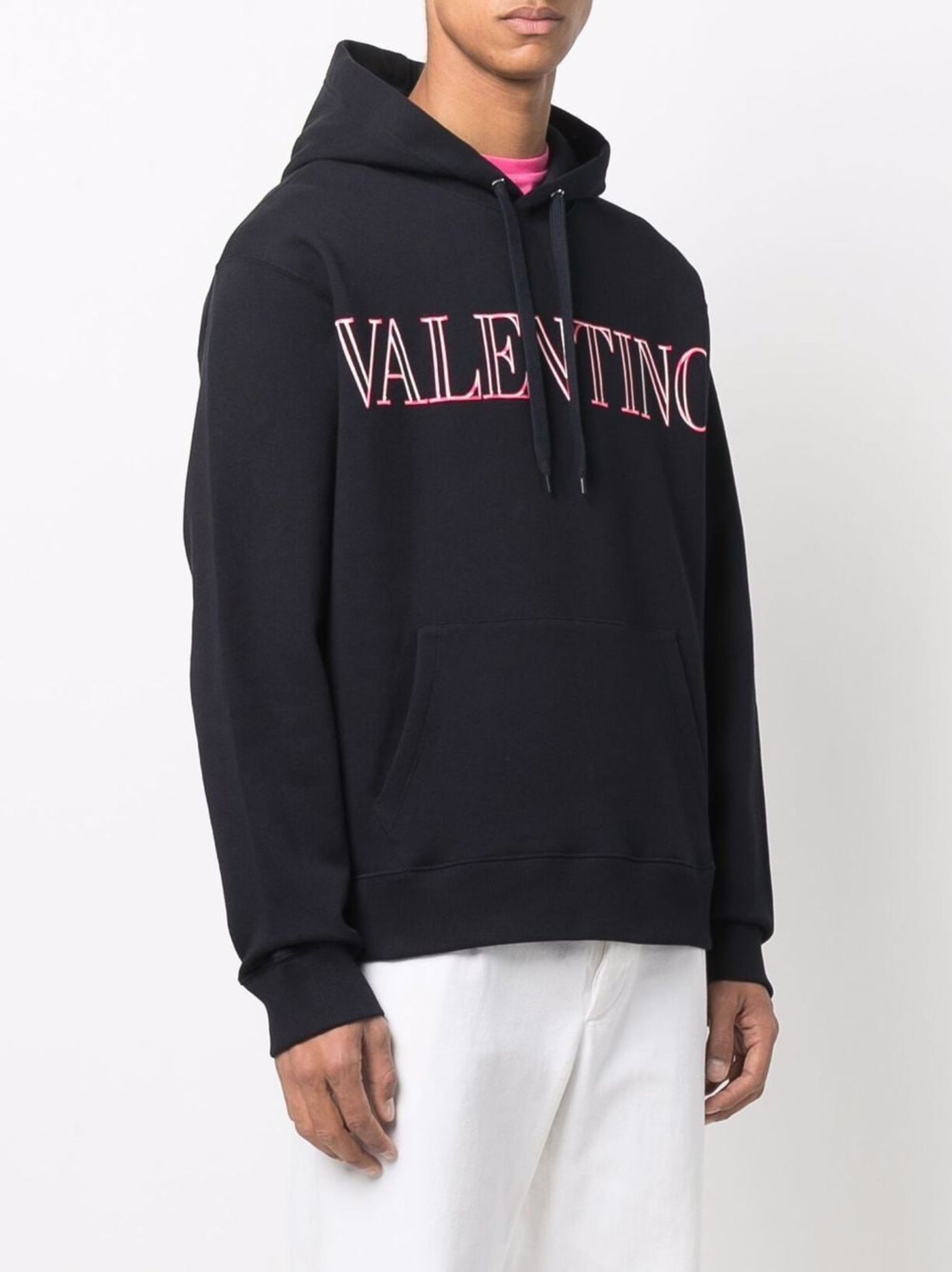 Valentino – Neon Universe – Schwarzer Kapuzenpullover mit Logo-Umriss in Pink