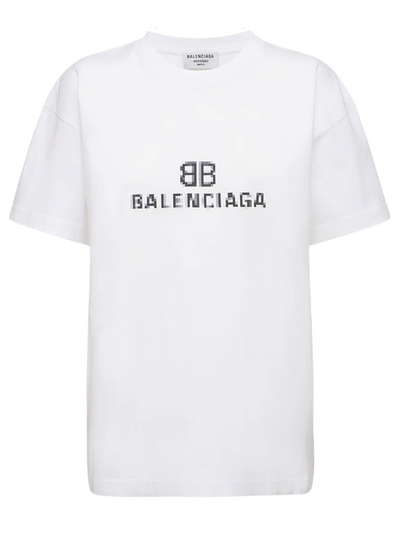 Balenciaga Pixelated BB Logo Printed T-Shirt in White