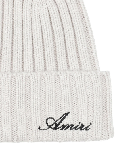 Amiri Embroidered Script Logo Beanie in Swansdown Grey