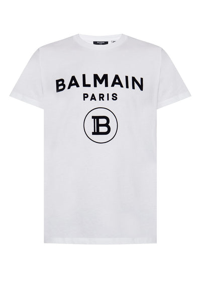 Balmain White Flocked B Paris Logo T-shirt