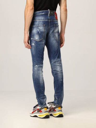 Dsquared2 Paint Splattered Skater Distressed Slim Fit Stretch Jeans in Blue